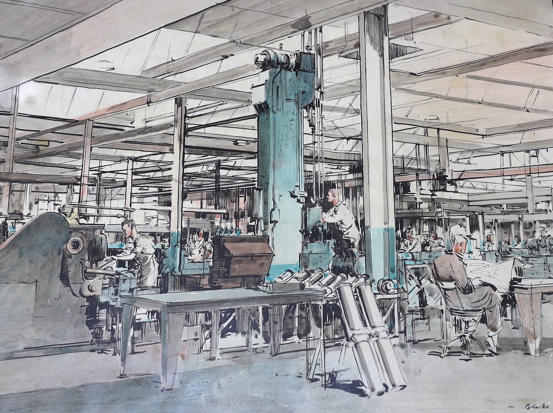 Frederick Donald Blake (War artist, Scottish, 1908-1997), ink and watercolour on paper, Factory scene, possibly for munitions, signed, 32 x 40cm, unframed